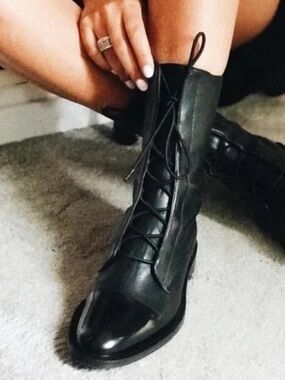 Inch2 Brogue Black Leather Lace Up Boots Size 38/7-7.5